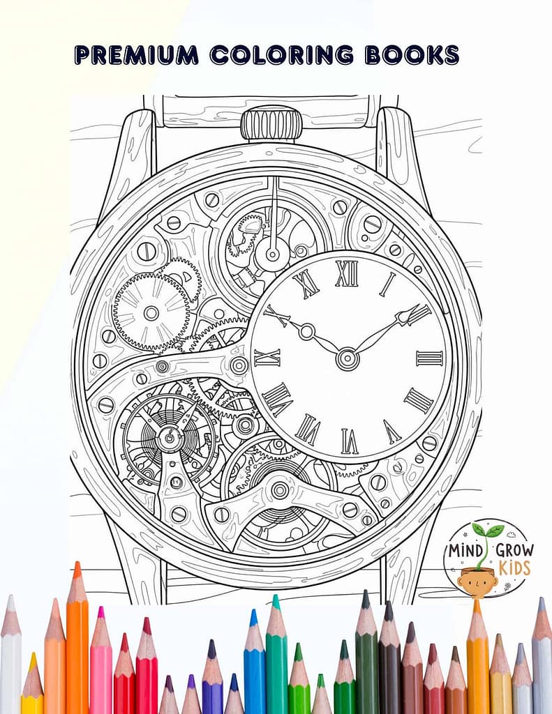 Coloring page of a detailed watch with gears and Roman numerals, aimed at enhancing children's fine motor skills and creativity.