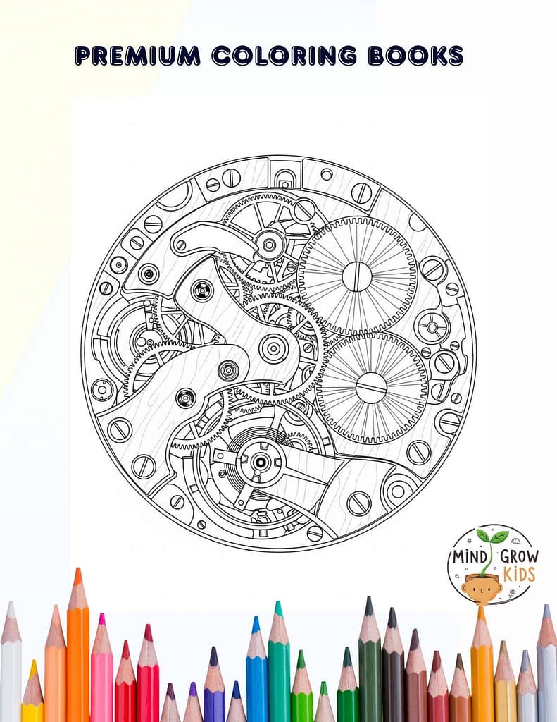 Detailed black and white mechanical watch gears coloring page for kids.