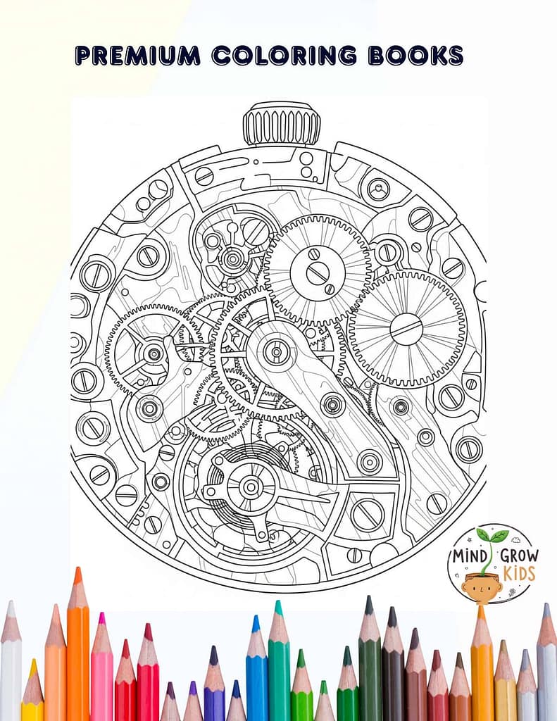 Detailed coloring page of watch gears promoting fine motor skills for children.