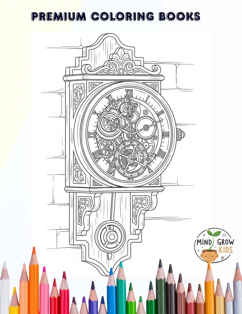Intricate vintage clock coloring sheet with gears and roman numerals, perfect for kids' creative learning.
