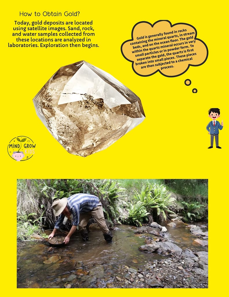 Gold is typically found in rocks containing the mineral quartz, in stream beds, and on the ocean floor