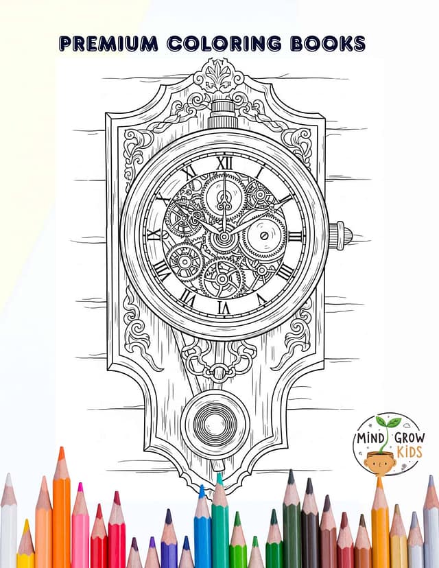 Intricate vintage clock coloring page for kids to enhance fine motor skills and creativity.
