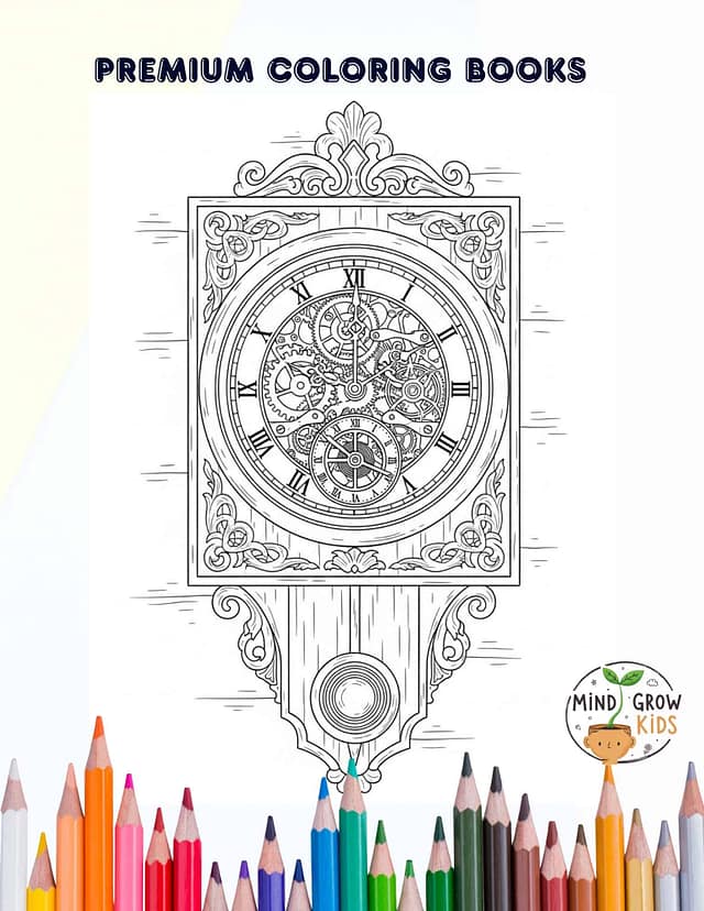 Intricate clock coloring page for kids to color and learn about time and gears.