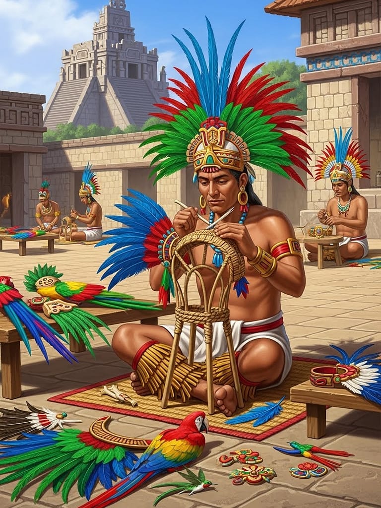 Feather crafting was an important profession. Feather craftsmen made special headdresses and ornaments from the feathers of tropical birds.