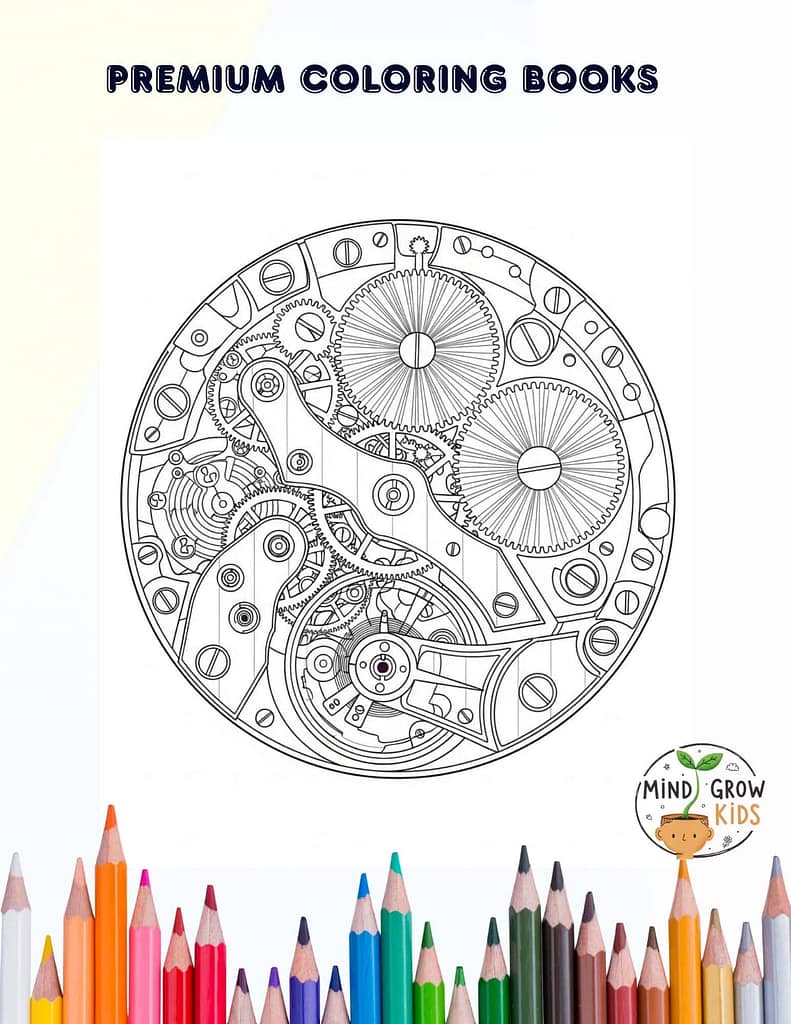 Intricate mechanical watch gear coloring page for kids' STEM learning.