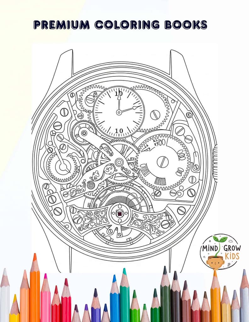 Unique design of a detailed watch for kids to color and explore time concepts.