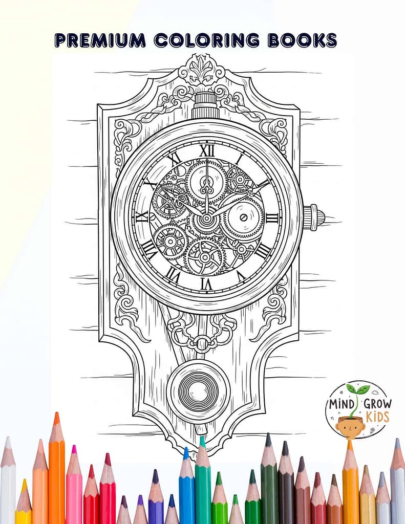 Intricate vintage clock coloring page for kids to enhance fine motor skills and creativity.