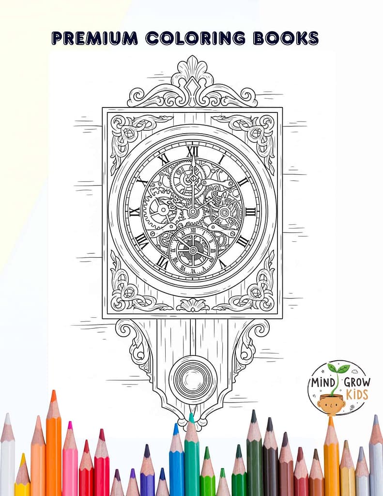 Intricate clock coloring page for kids to color and learn about time and gears.