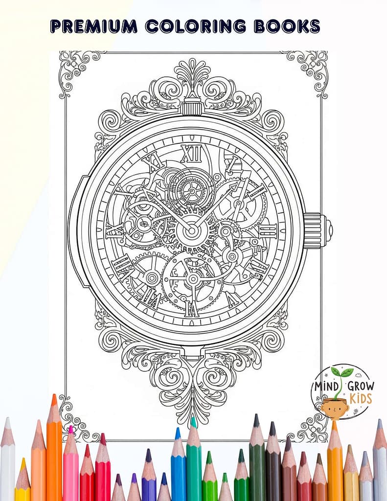 A detailed black-and-white clock coloring page for children to enhance creativity and focus.