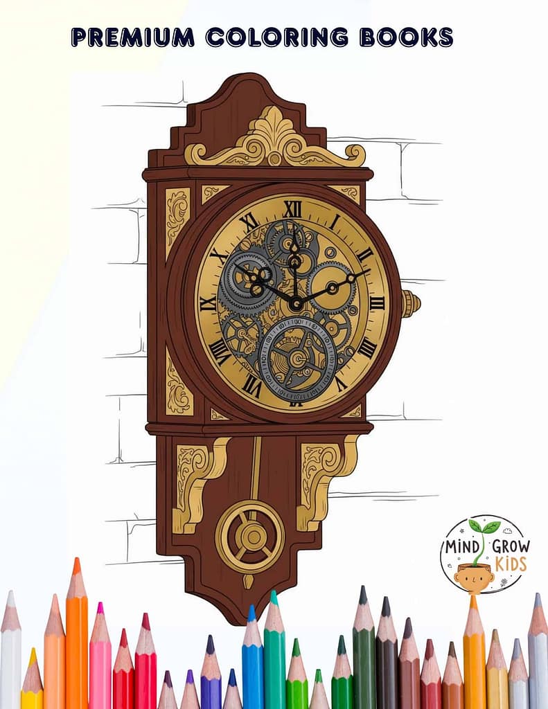 A detailed illustration of a vintage wooden wall clock with visible gears and Roman numerals. Perfect for children's educational coloring books.