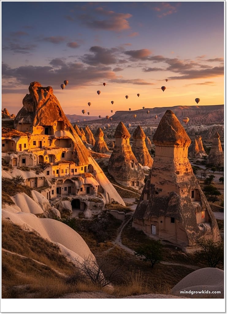 Cappadocia Rock Houses Turkiye:In the past, people carved houses into the rocks in Cappadocia.