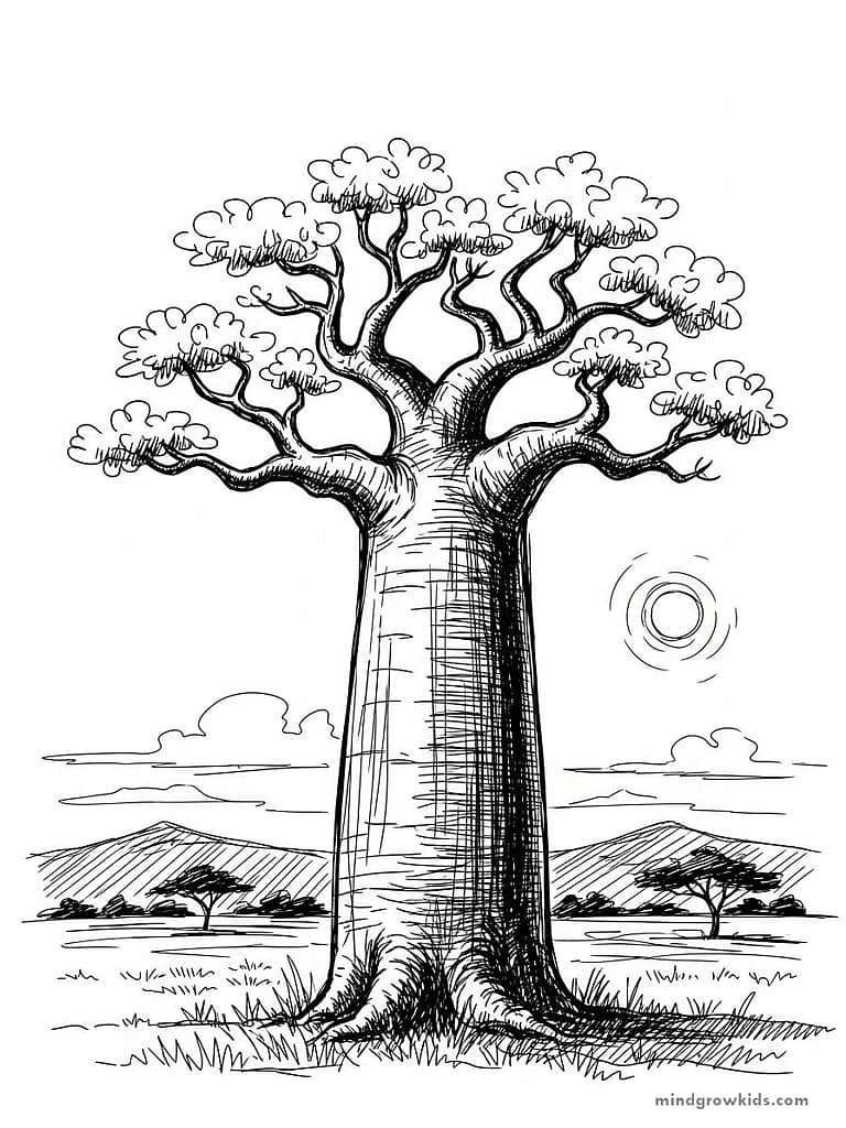The baobab tree is found in the hot and arid regions of southern Africa