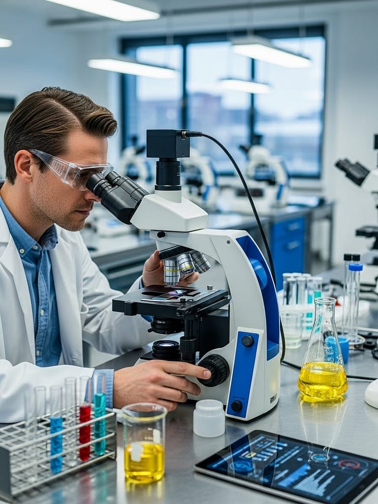 Scientist looking through microscope in lab.