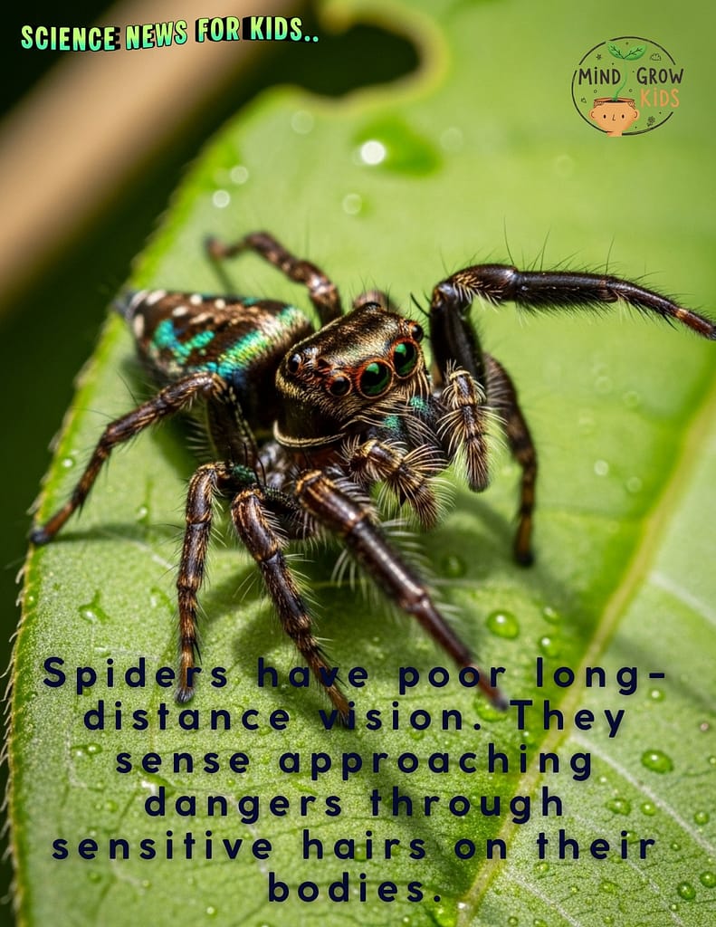 Spiders have poor long-distance vision. They sense approaching dangers through sensitive hairs on their bodies.